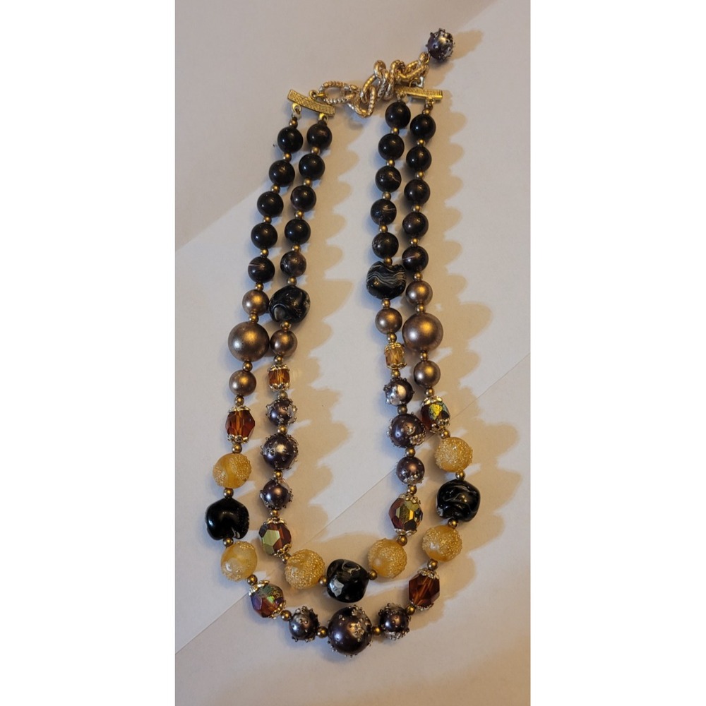 Japanese Layered Necklace Brown Beaded 13"